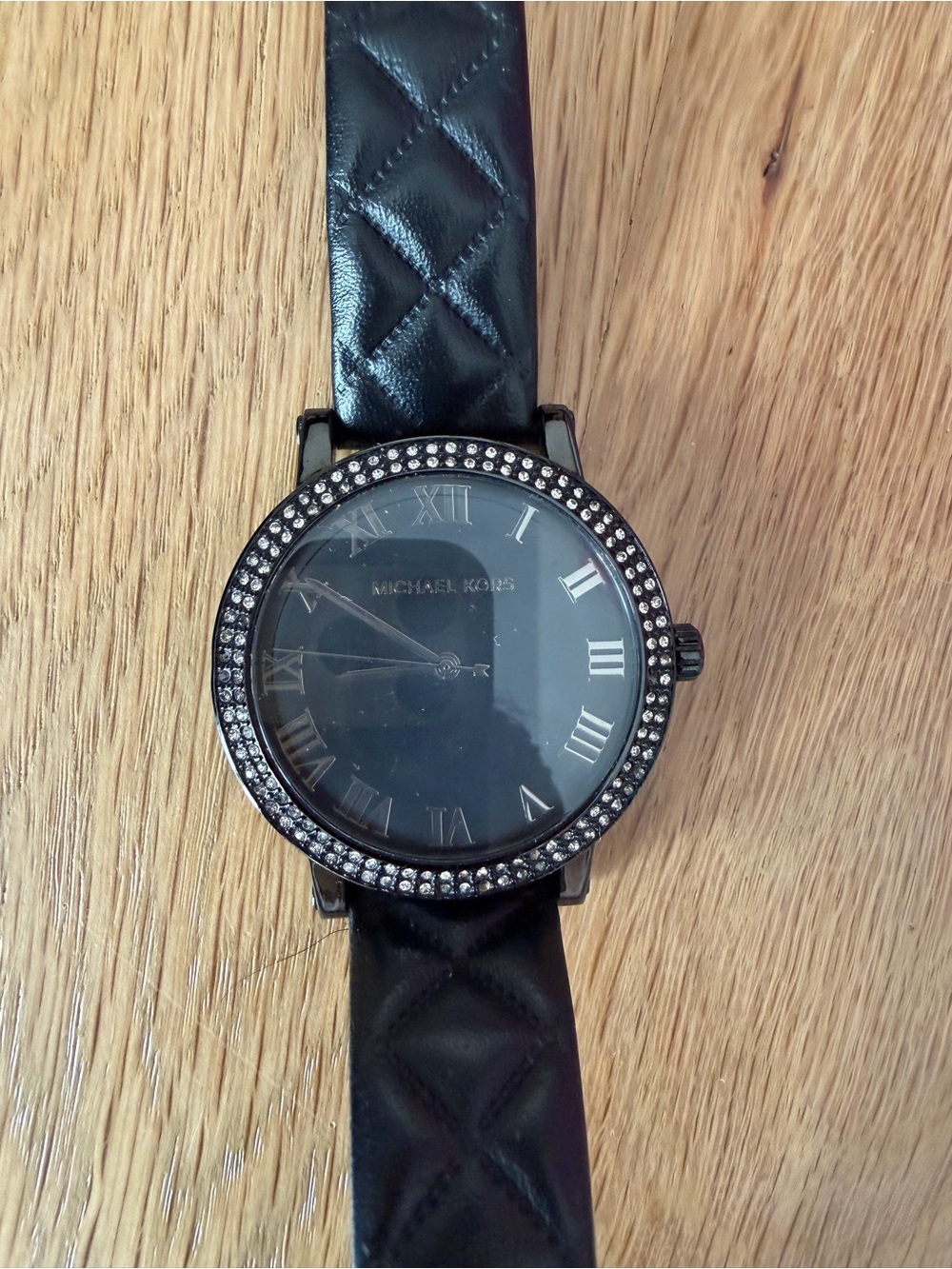 Michael Kors Black Quilted Leather Strap Watch with Crystal Bezel